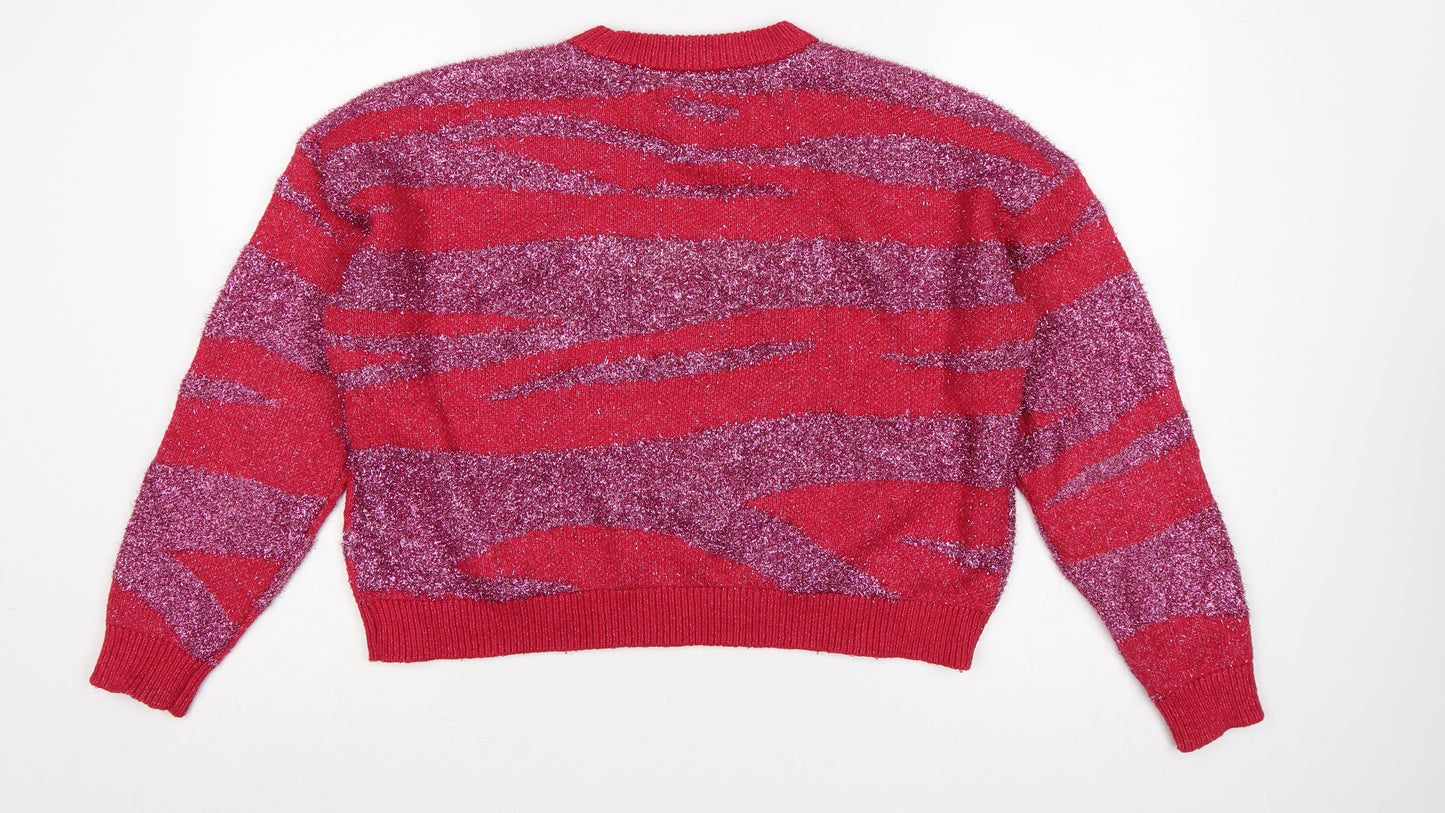 Primark Women Red Glitter Striped Knit Crew Neck Jumper UK 12