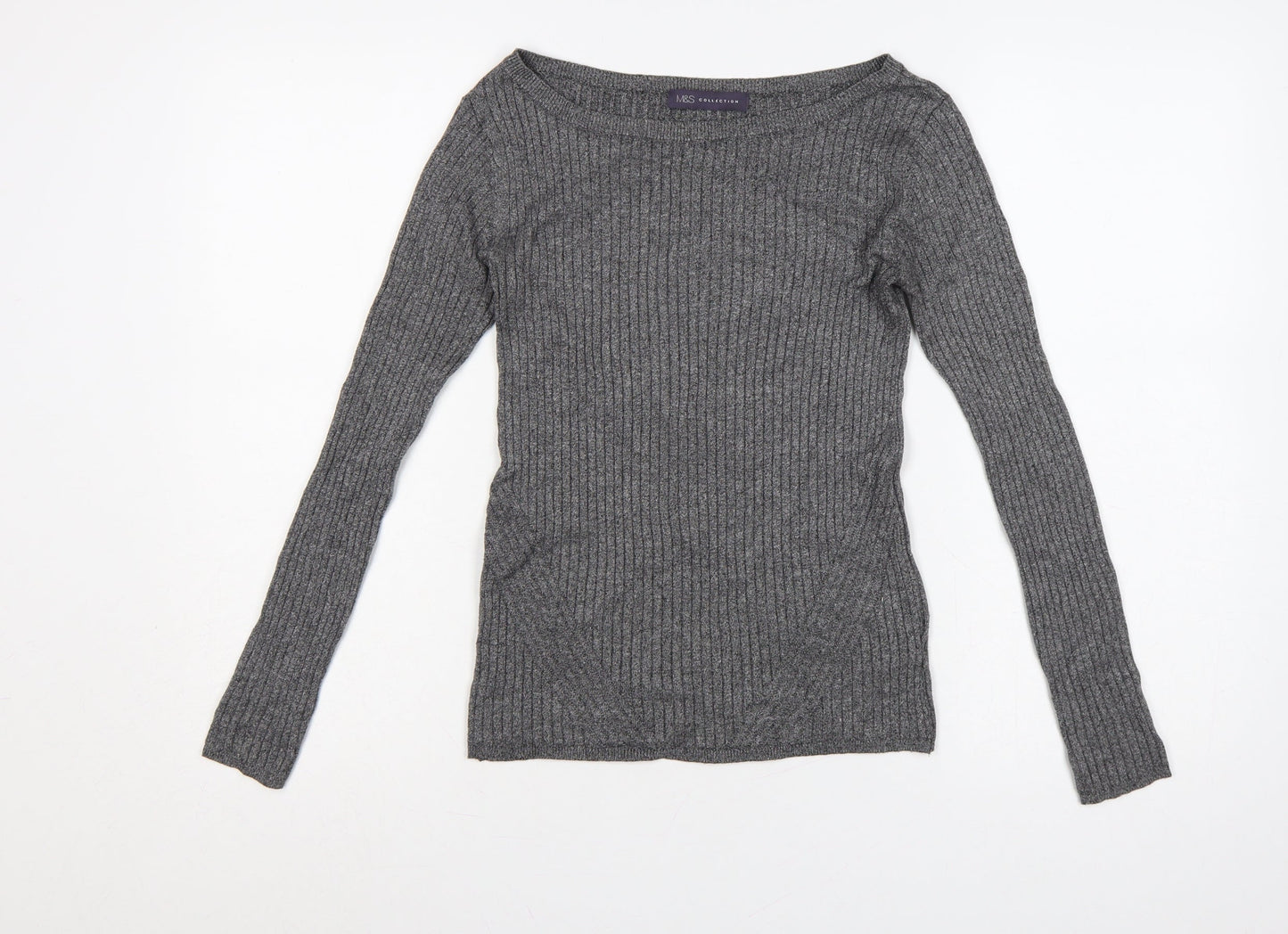Marks and Spencer Women Grey Ribbed Viscose Jumper UK 8 Boat Neck