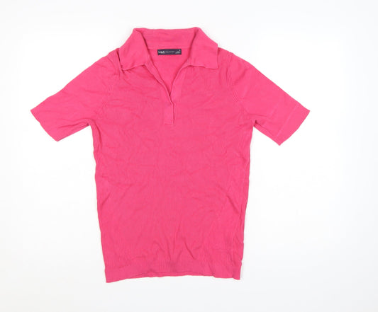 Marks and Spencer Women Pink M Ribbed Knit Short Sleeve Polo Top