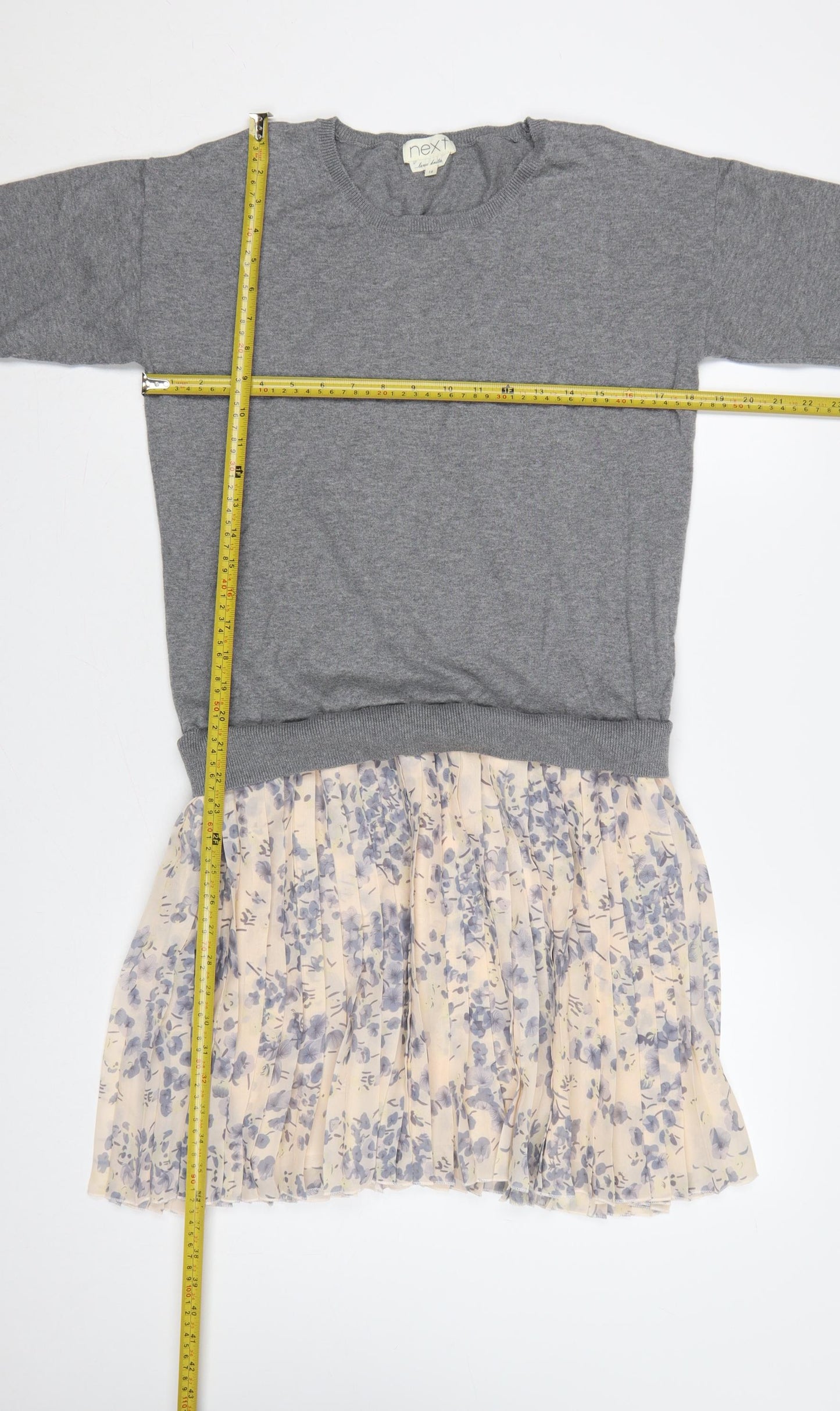 Next Women Grey Floral Pleated Jumper Dress UK 16 Long Sleeve