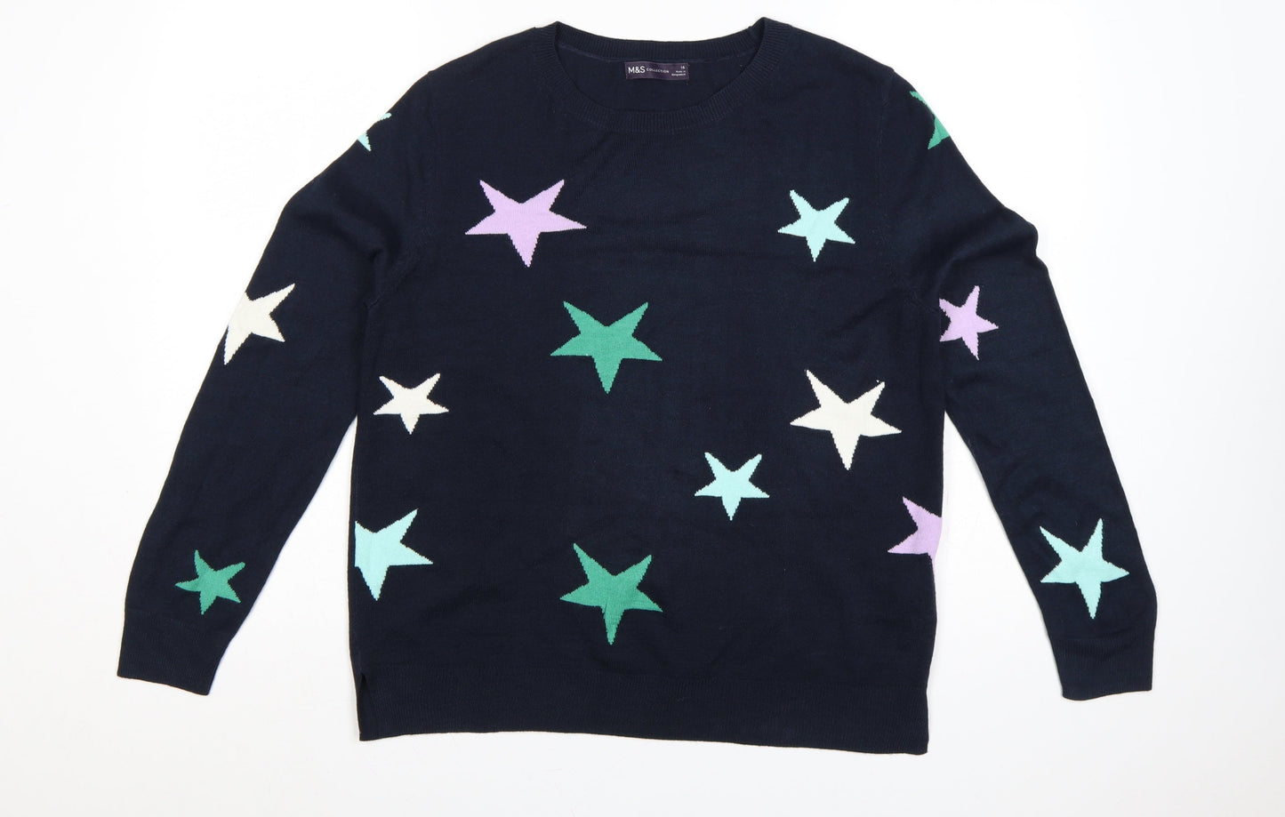 Marks and Spencer Women Blue Star Knit Pullover Jumper UK 16