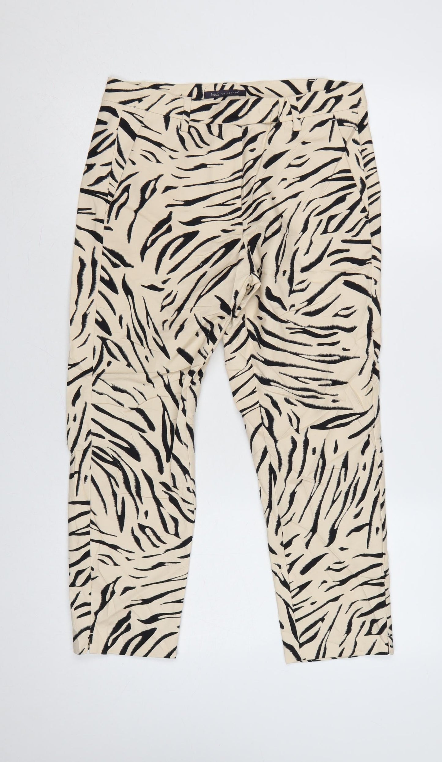 M&S Women’s Beige Zebra Print Cotton Trousers UK 10 Short