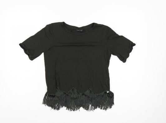 Topshop Women Black UK 8 Fringe Hem Short Sleeve Jersey T-Shirt