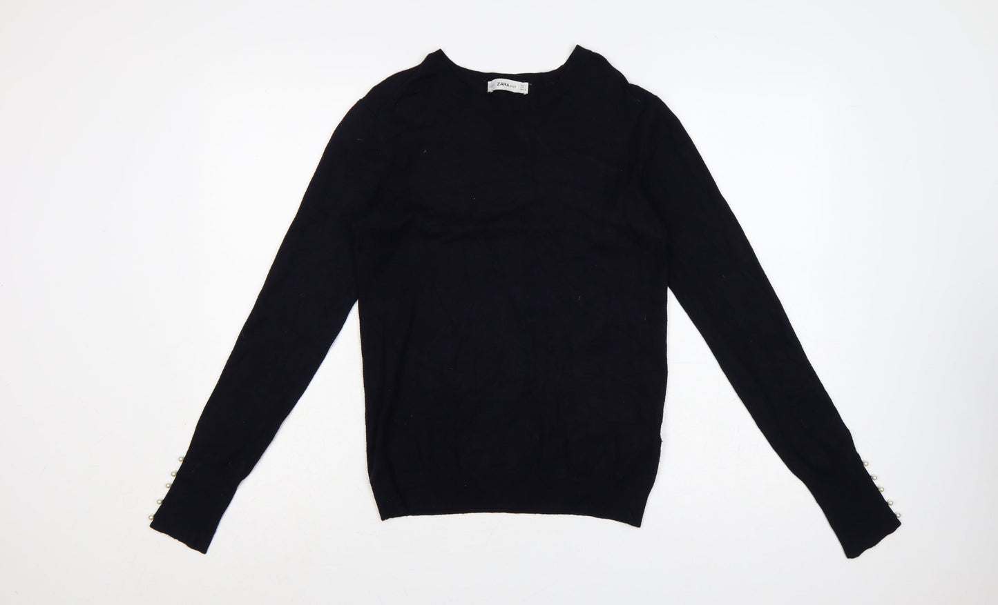 Zara Women Black L Mock Neck Knit Pearl Cuff Jumper