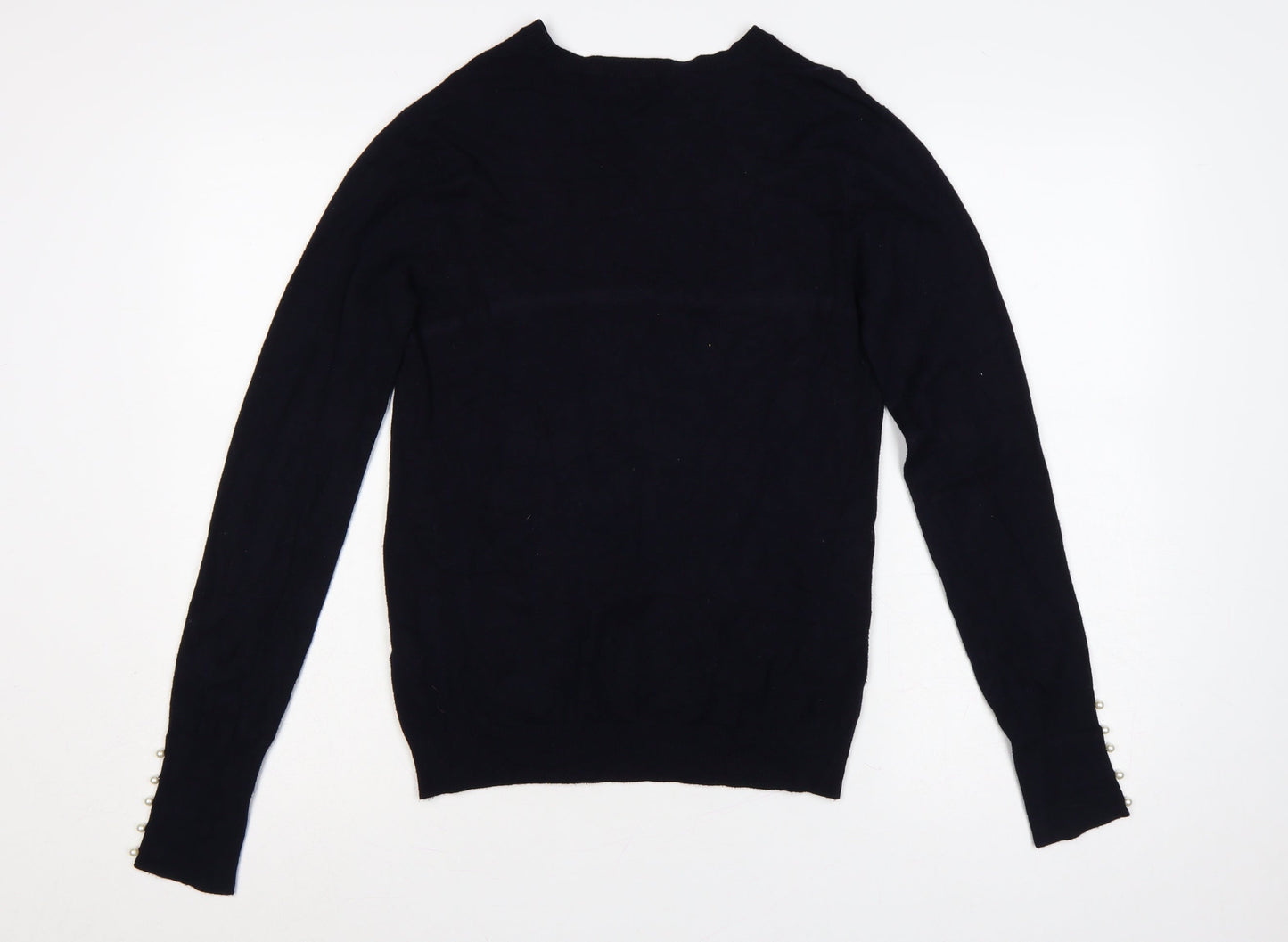 Zara Women Black L Mock Neck Knit Pearl Cuff Jumper
