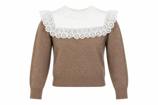 Zara Women Brown UK 12 Camel Blend Knit Jumper Lace Ruffle Collar