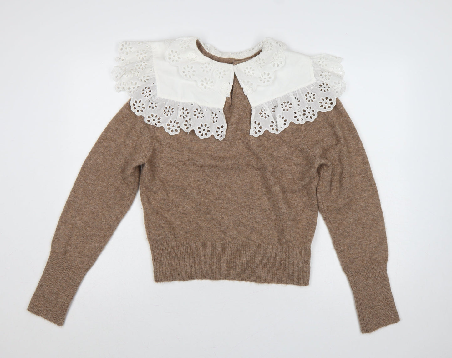 Zara Women Brown UK 12 Camel Blend Knit Jumper Lace Ruffle Collar