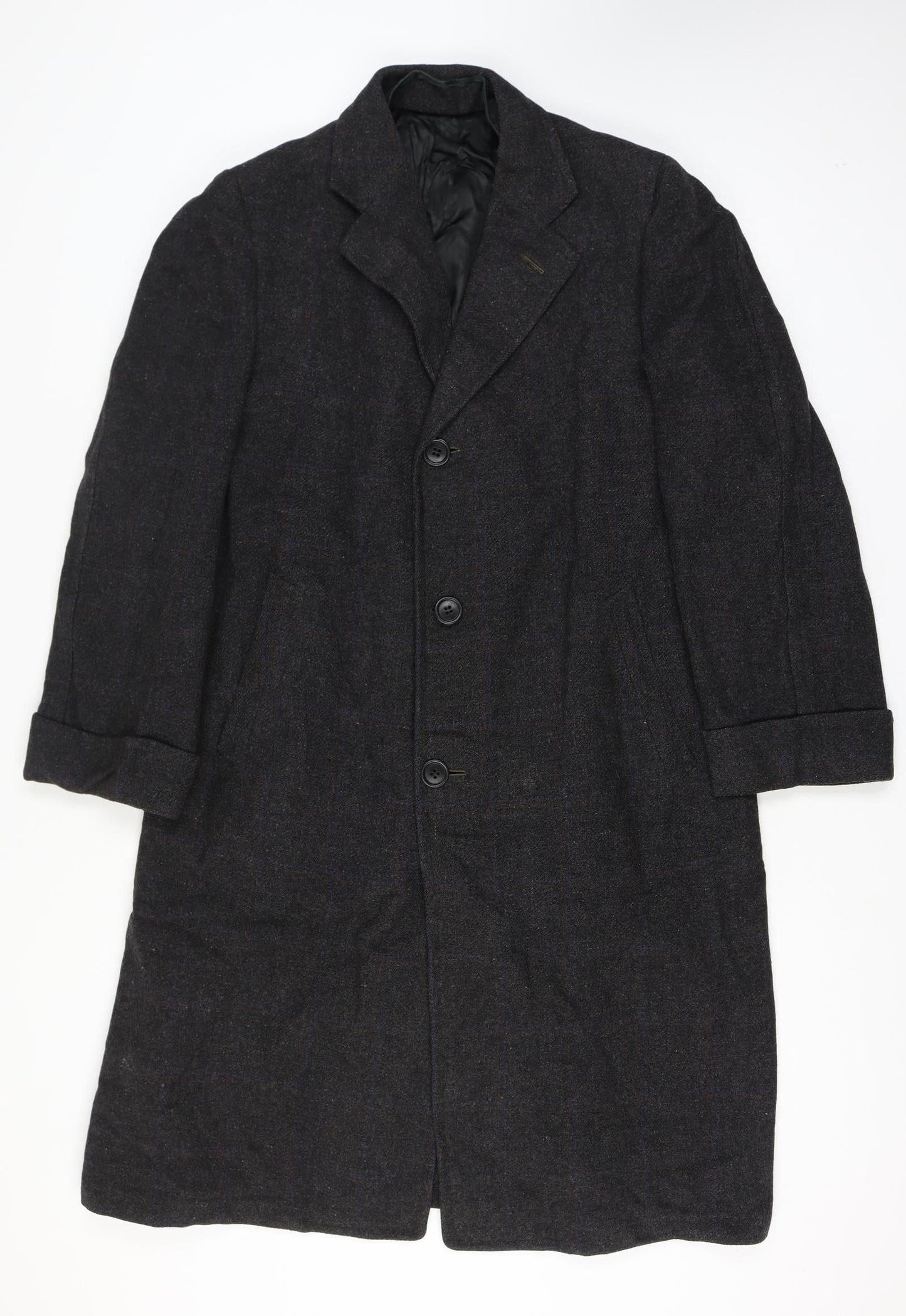 Manchester Clothes Men’s Chest 44 Black Checked Tweed Long Overcoat Vintage