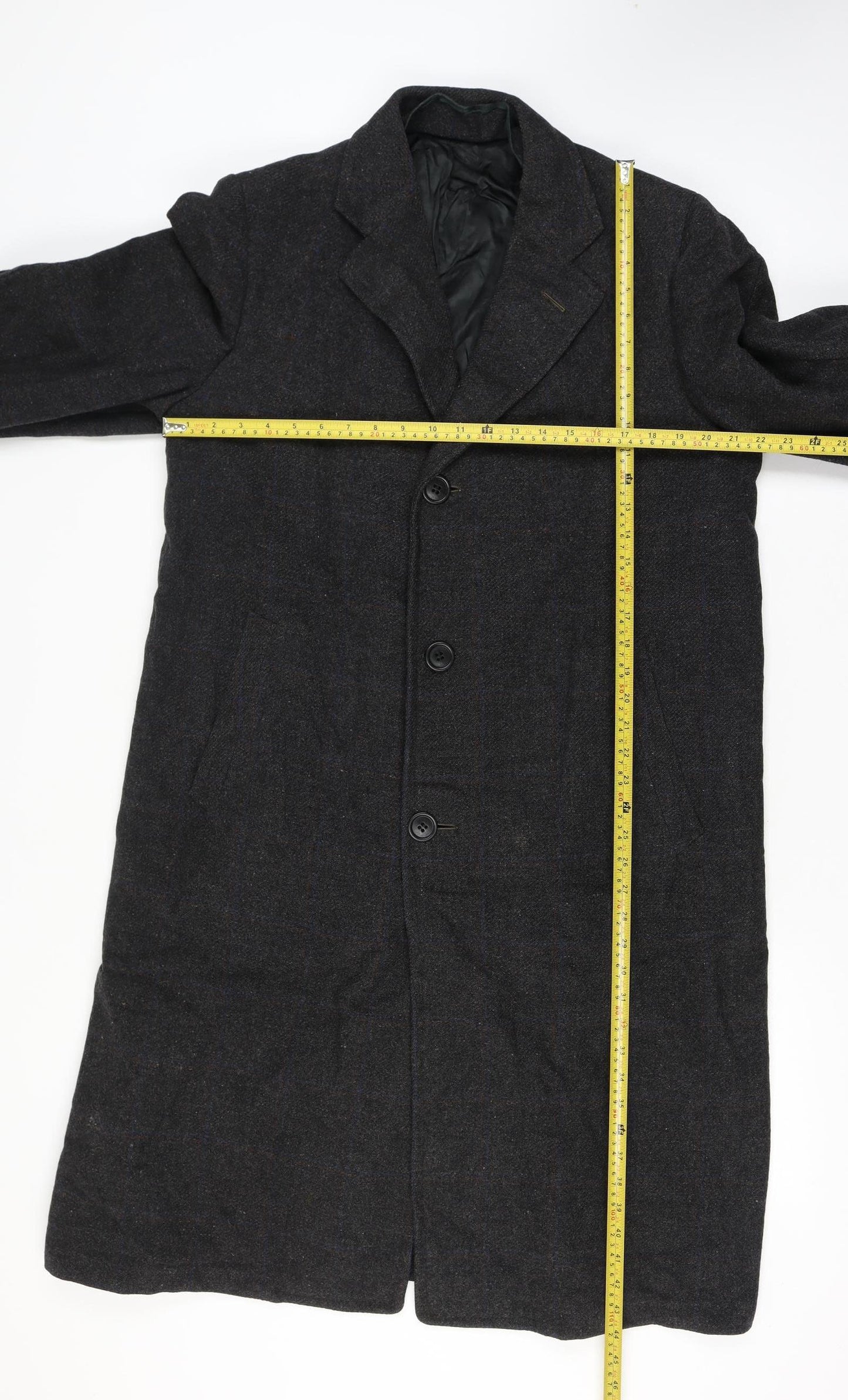 Manchester Clothes Men’s Chest 44 Black Checked Tweed Long Overcoat Vintage