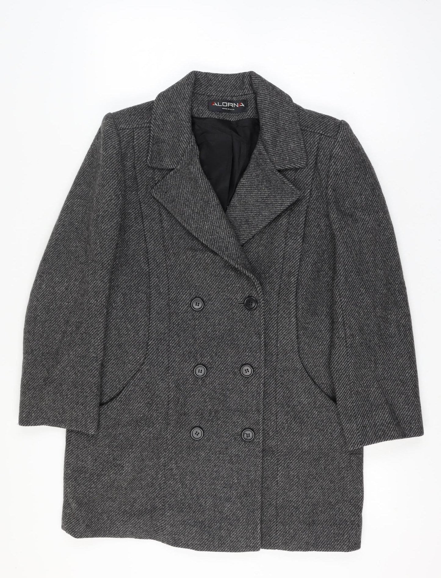 Alorna Women’s Grey Size 14-16 Wool Herringbone Pea Coat Mid-Length