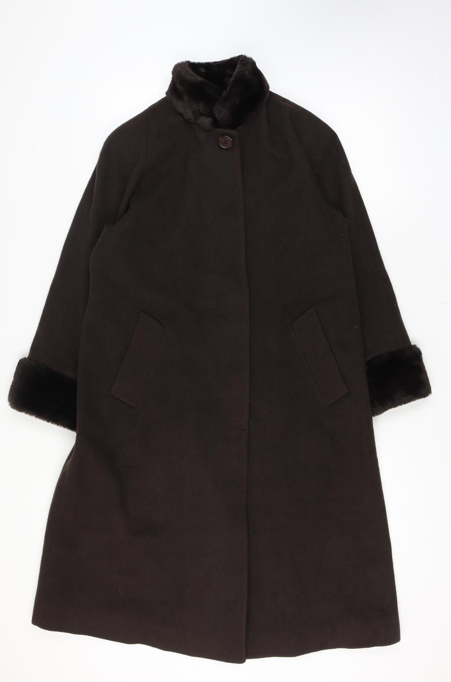Jones New York Women’s Brown Size 14 100% Wool Long Overcoat Faux Fur Trim