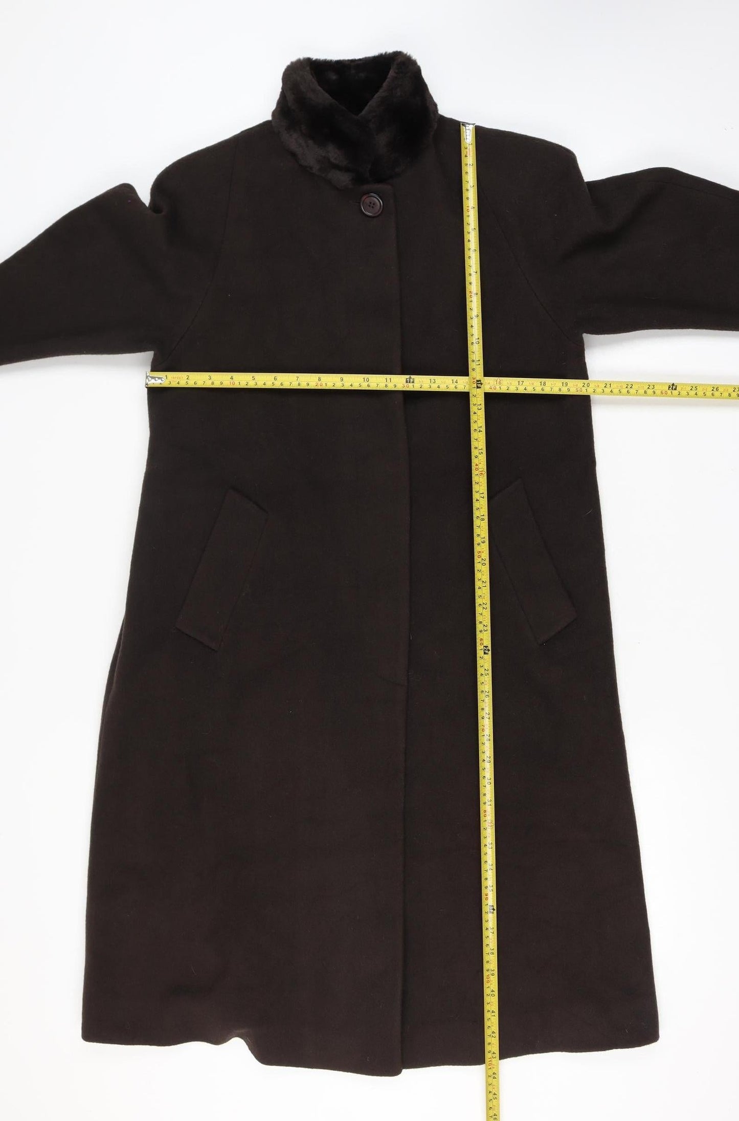 Jones New York Women’s Brown Size 14 100% Wool Long Overcoat Faux Fur Trim