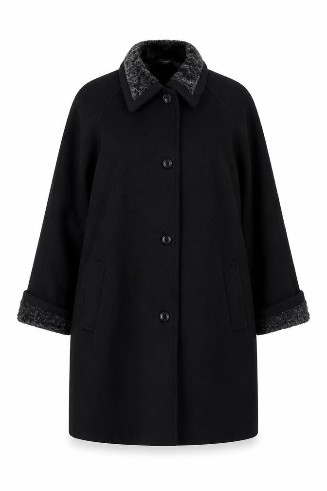 Front view of Gallery Women, size 16, Black Wool Blend Faux Fur Trim Long Overcoat Size Unlabelled
