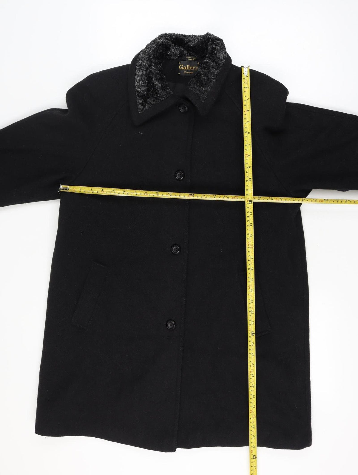 Back view of Gallery Women, size 16, Black Wool Blend Faux Fur Trim Long Overcoat Size Unlabelled