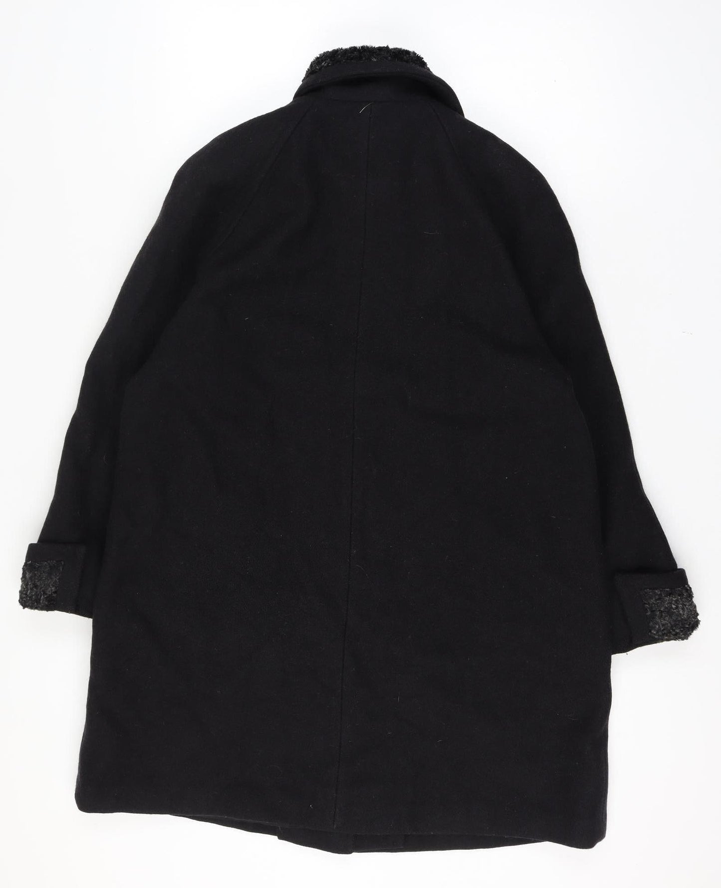 Gallery Women Size 16 Black Wool Blend Faux Fur Trim Long Overcoat Size Unlabelled