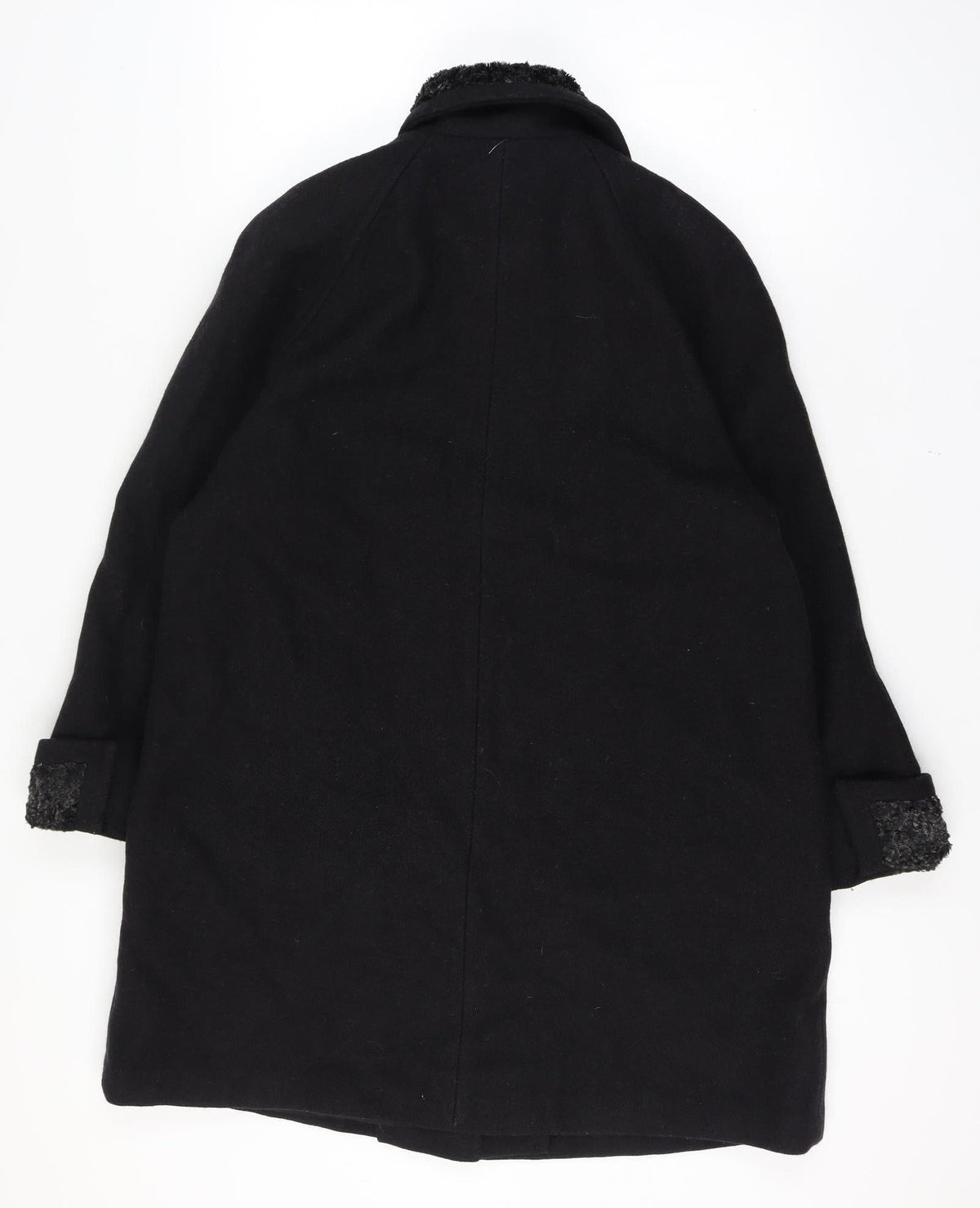Close-up detail of Gallery Women, size 16, Black Wool Blend Faux Fur Trim Long Overcoat Size Unlabelled