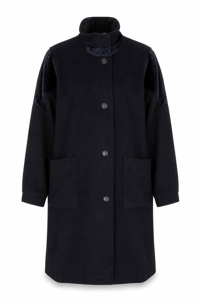 Niccolini Women Size 16-18 Black Long Wool Blend Fur Trim Overcoat Size Unlabelled