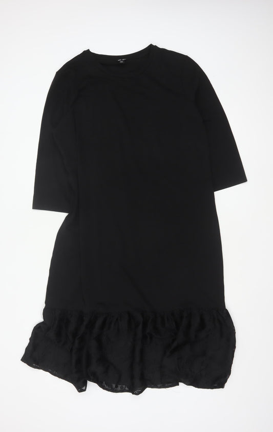 Saint + Sofia Women Black UK 18 Shift Dress Ruffle Hem 3/4 Sleeve