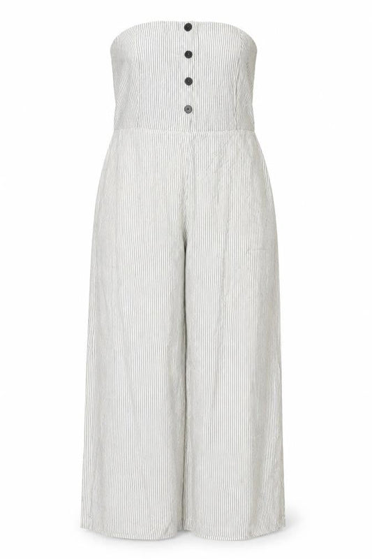 Next Women White Stripe Linen Blend Strapless Wide Leg Jumpsuit UK 22