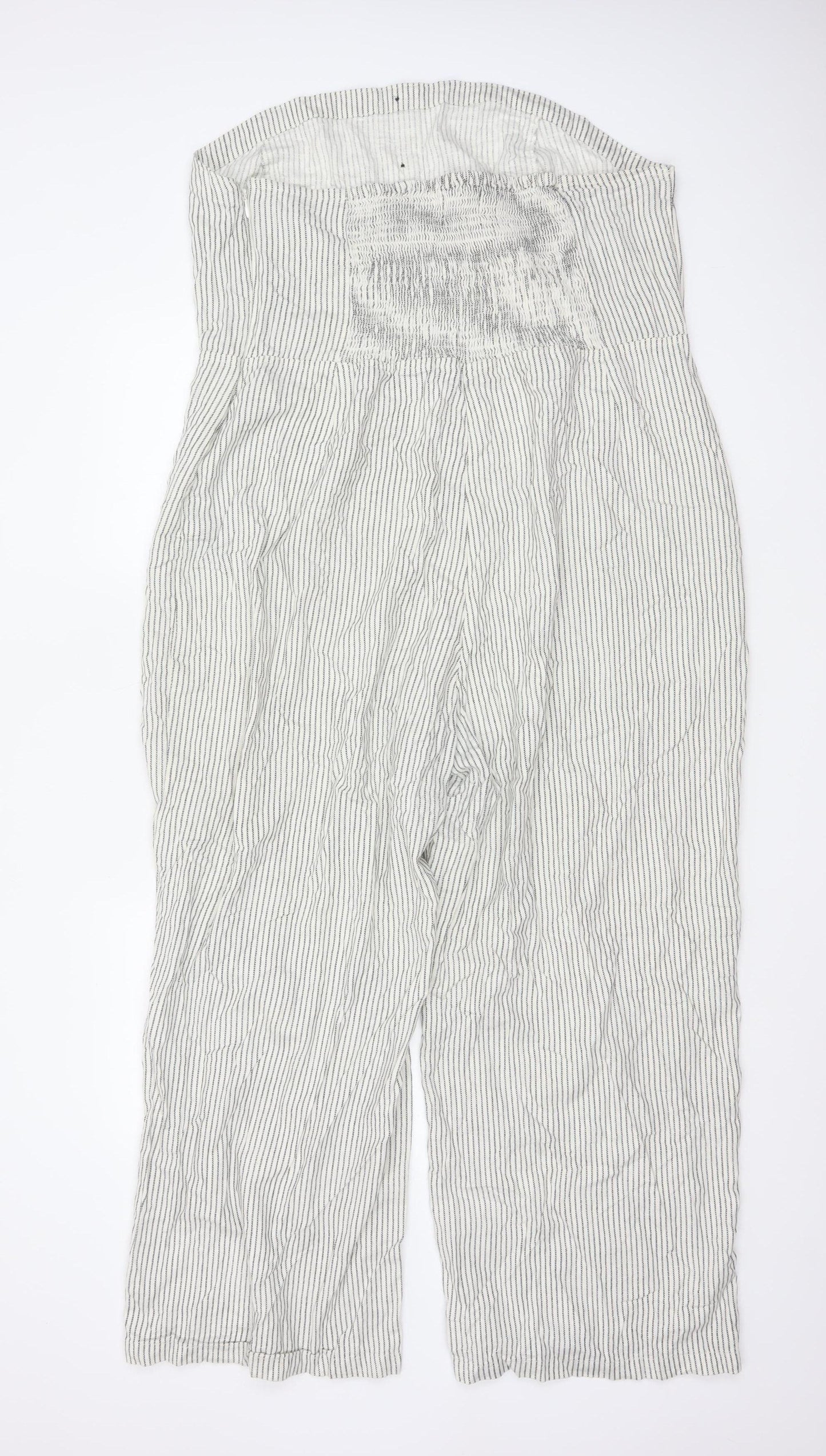 Next Women White Stripe Linen Blend Strapless Wide Leg Jumpsuit UK 22