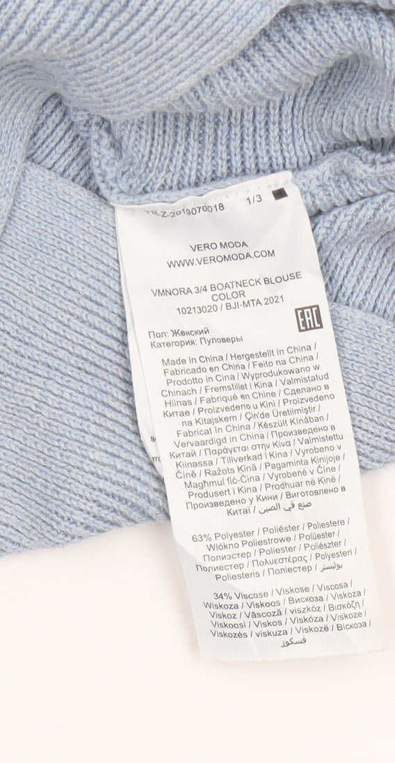 Vero Moda Women Blue S Boat Neck 3/4 Sleeve Fine Knit Pullover Jumper