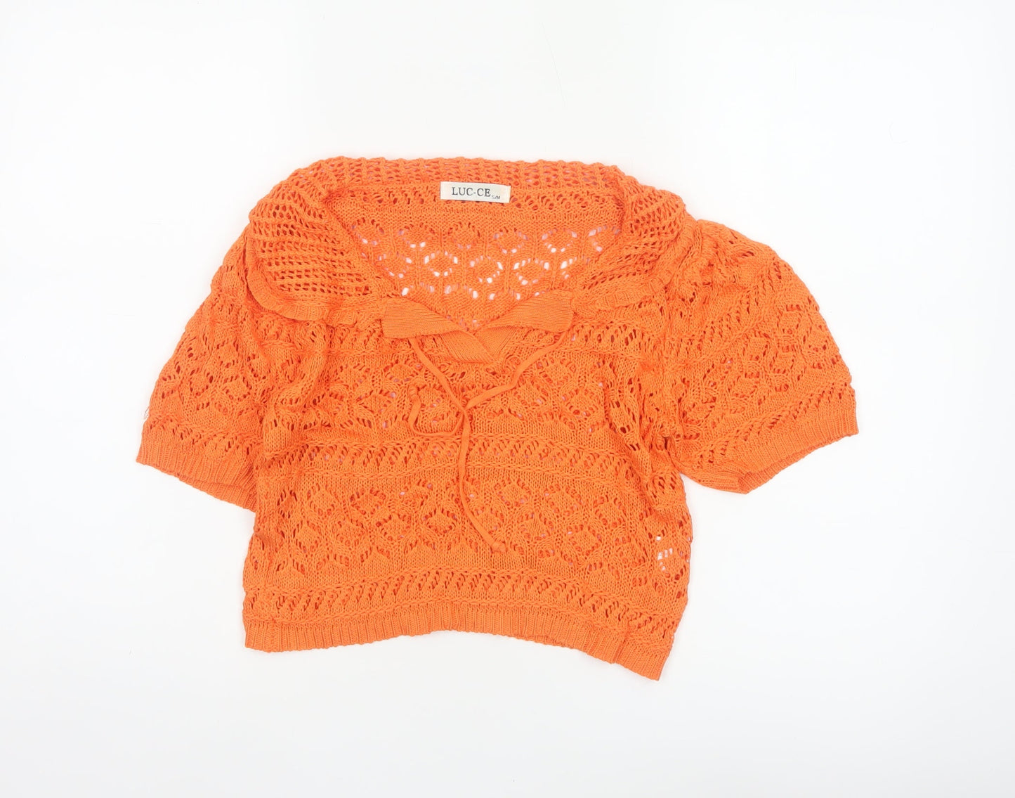 LUC-CE Women Orange S Crochet Knit Cowl Neck Bow Short Sleeve Blouse