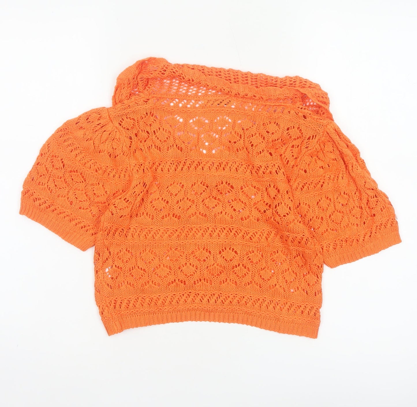 LUC-CE Women Orange S Crochet Knit Cowl Neck Bow Short Sleeve Blouse