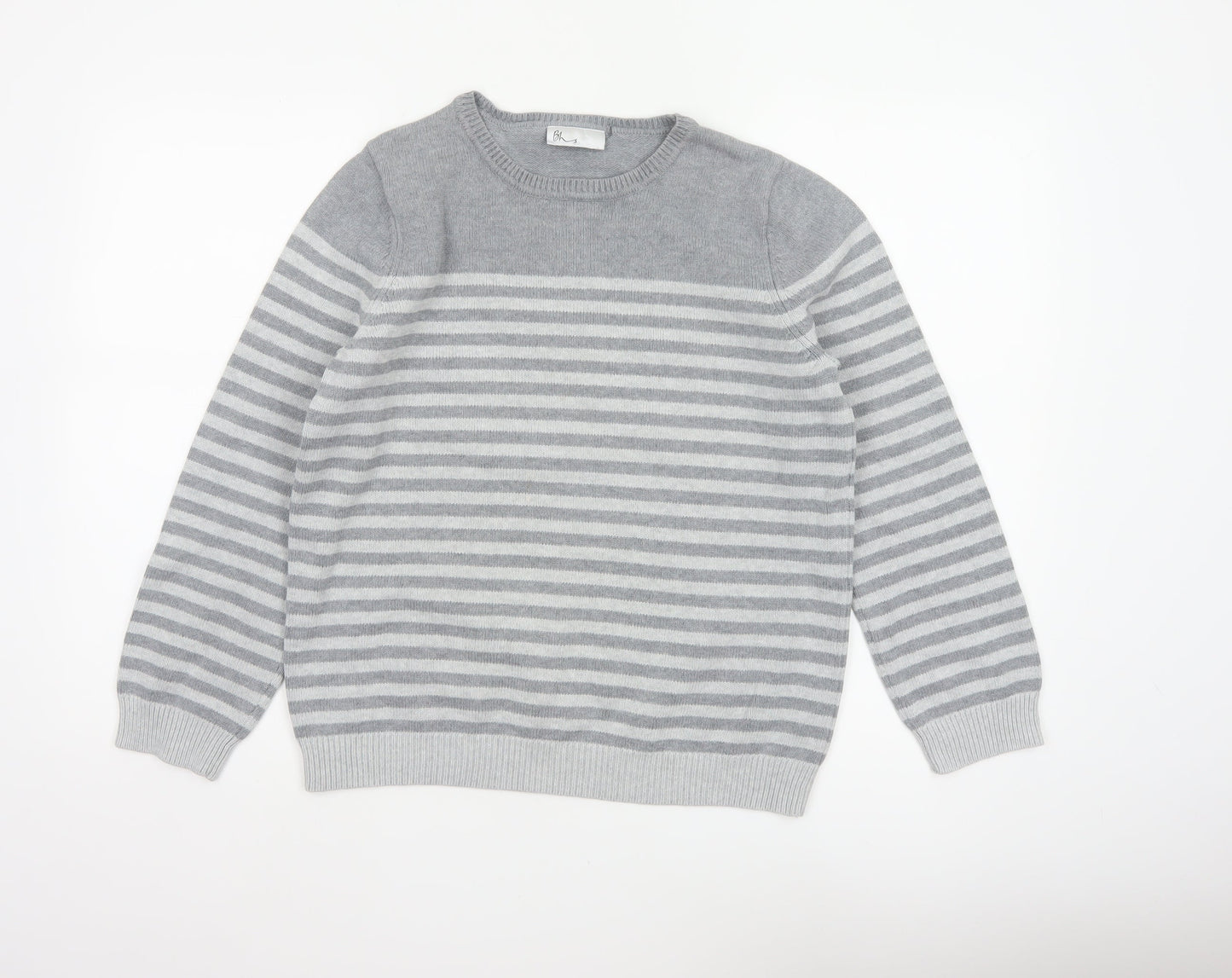 Bhs Women’s Grey White Striped Crew Neck Jumper UK 14 Cotton Knit