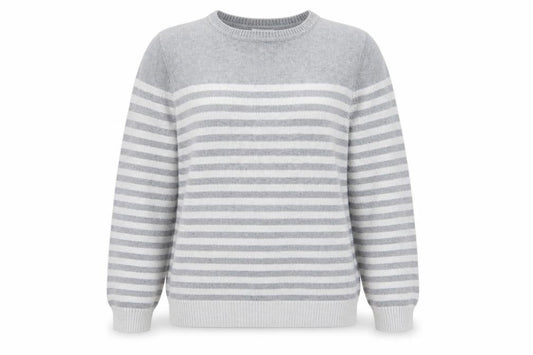 Bhs Women’s Grey White Striped Crew Neck Jumper UK 14 Cotton Knit