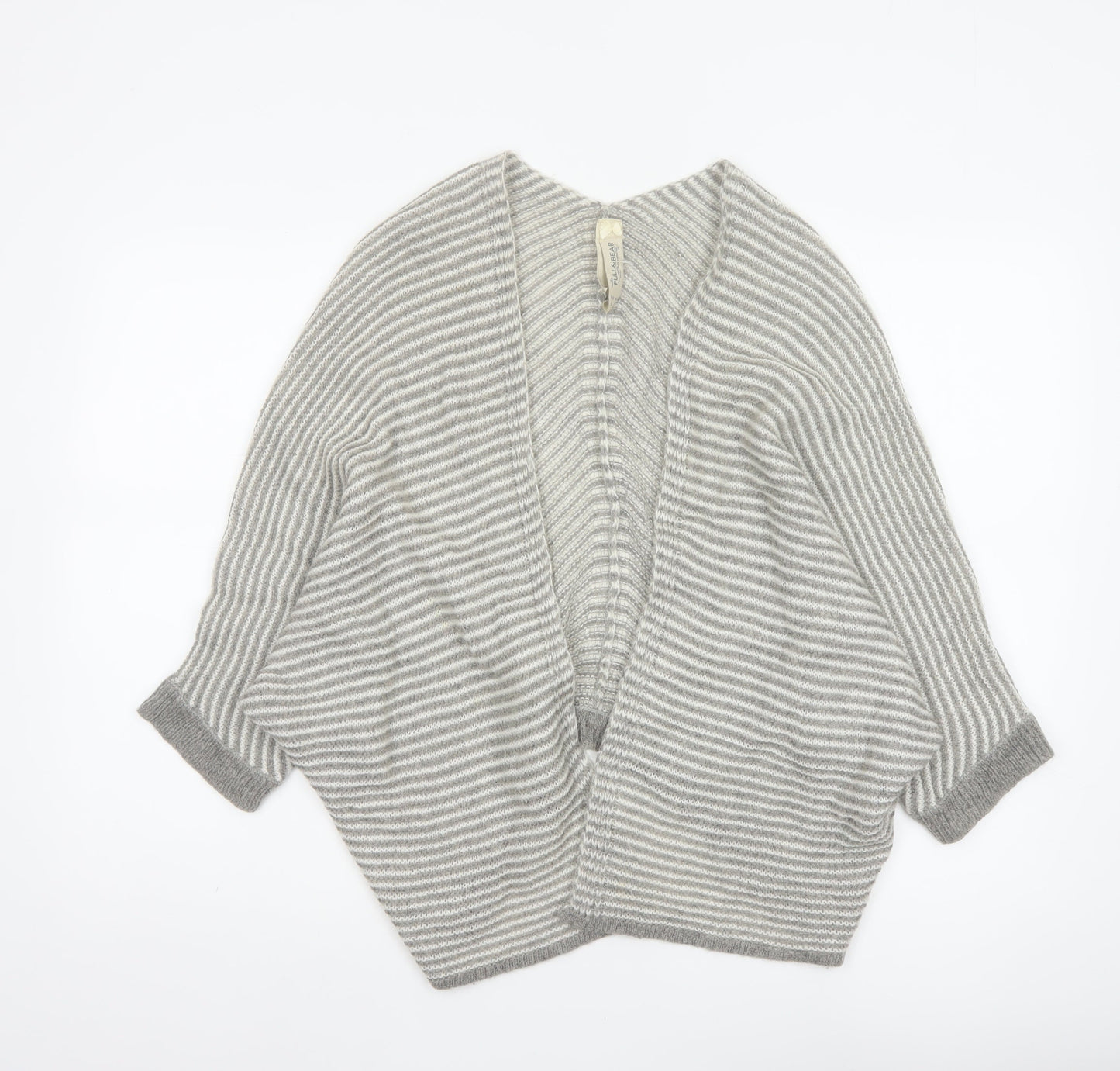 Pull&Bear Women Grey White Stripe Open Knit Cardigan Size L