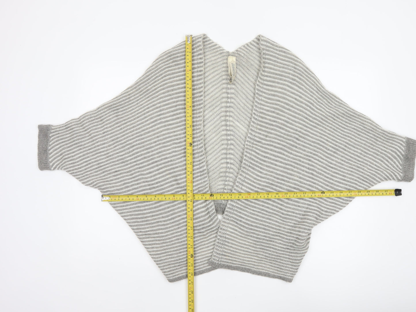 Pull&Bear Women Grey White Stripe Open Knit Cardigan Size L