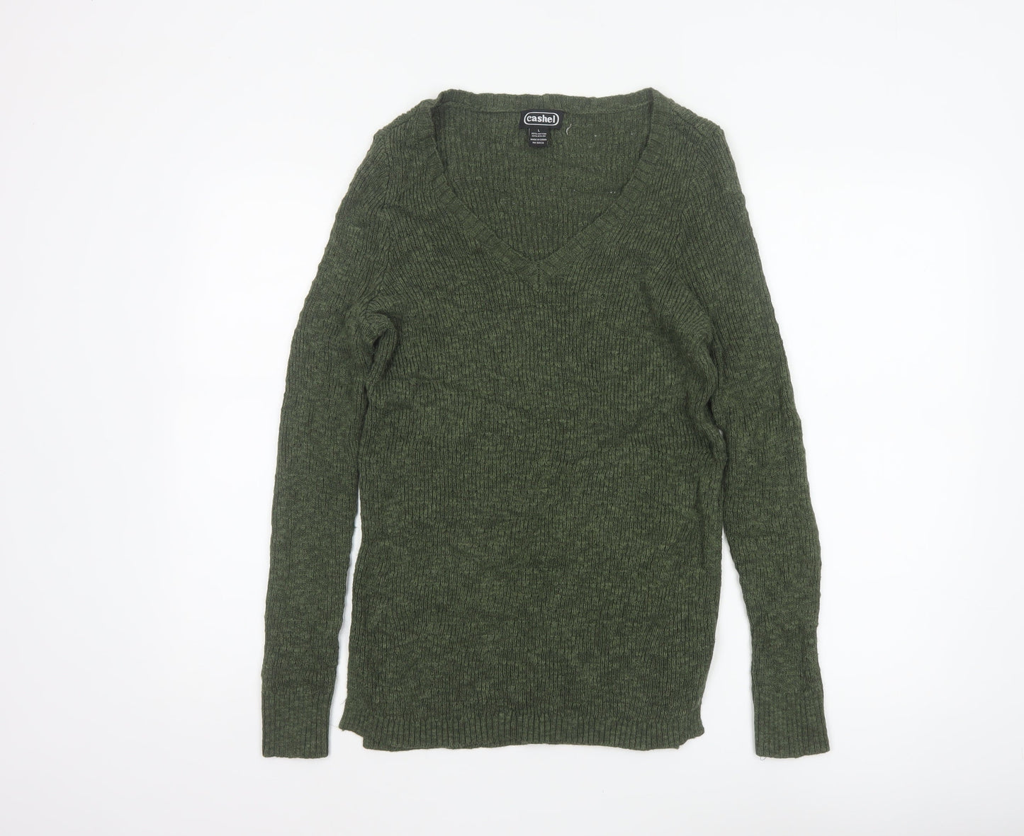Cashel Women’s Green V-Neck Ribbed Knit Jumper Size L Cotton Blend
