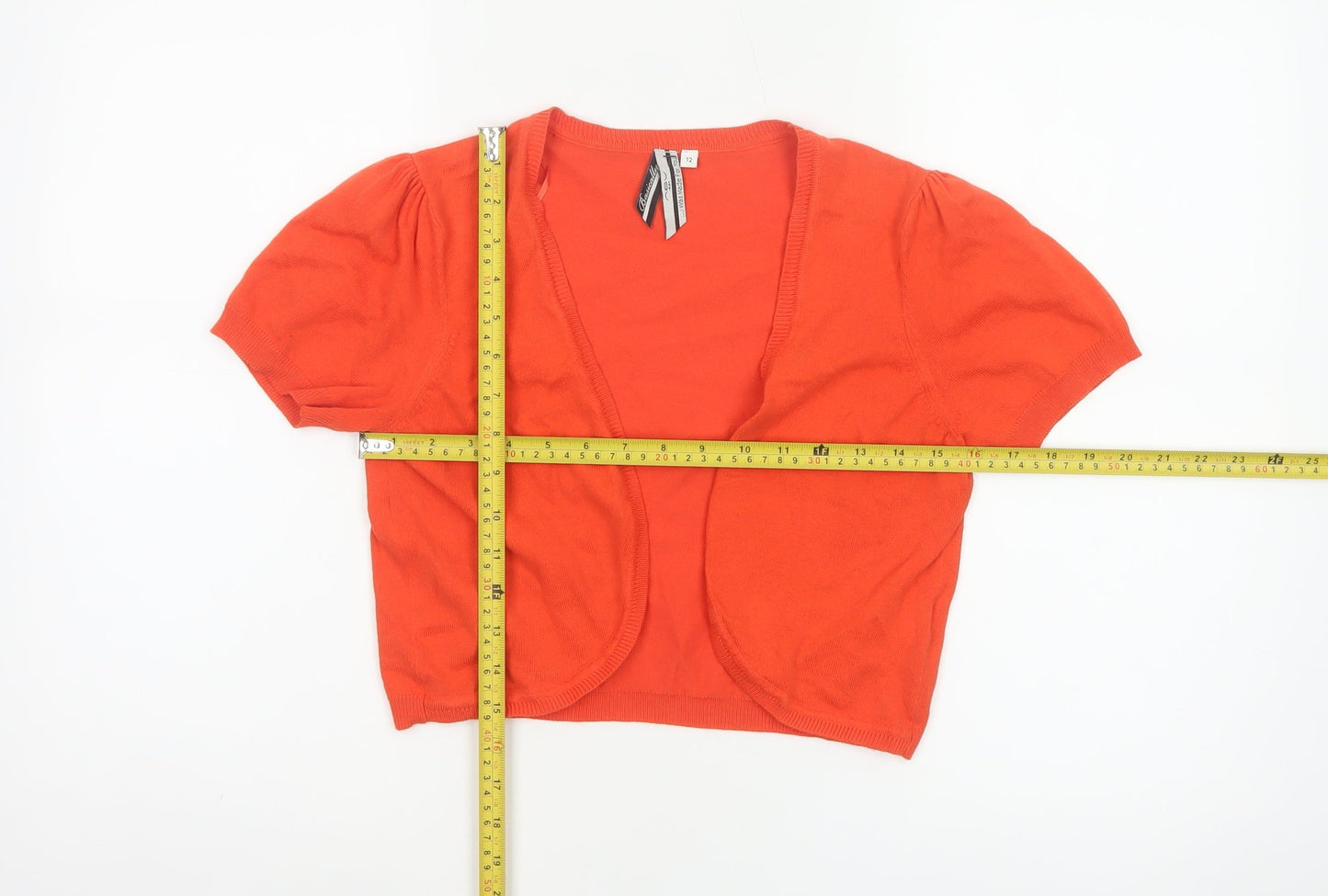 Bexleys Women Orange Size 12 Open Knit Puff Sleeve Cardigan