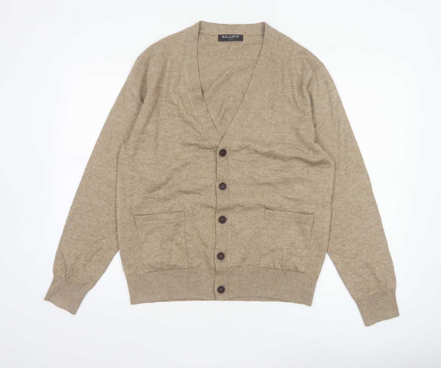 Kallspin Men's Beige S Cashmere Wool Blend Button Cardigan Pockets