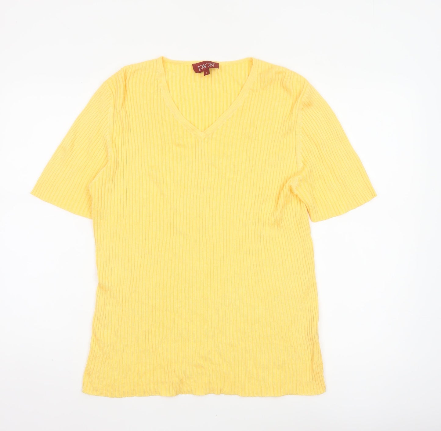 PAON Women’s Yellow L Ribbed V-Neck Short Sleeve Knit Top