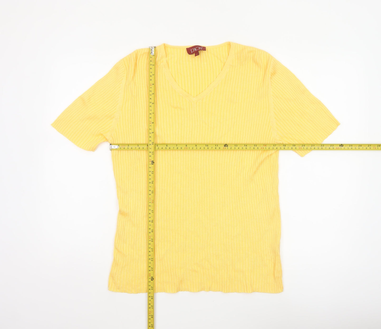 PAON Women’s Yellow L Ribbed V-Neck Short Sleeve Knit Top