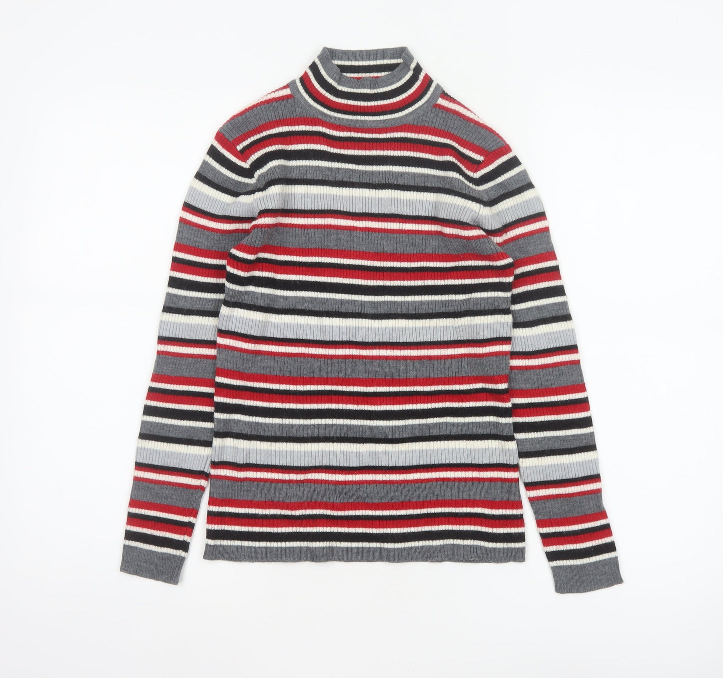 Damart Women Grey Red Stripe Mock Neck Knit Jumper UK 10