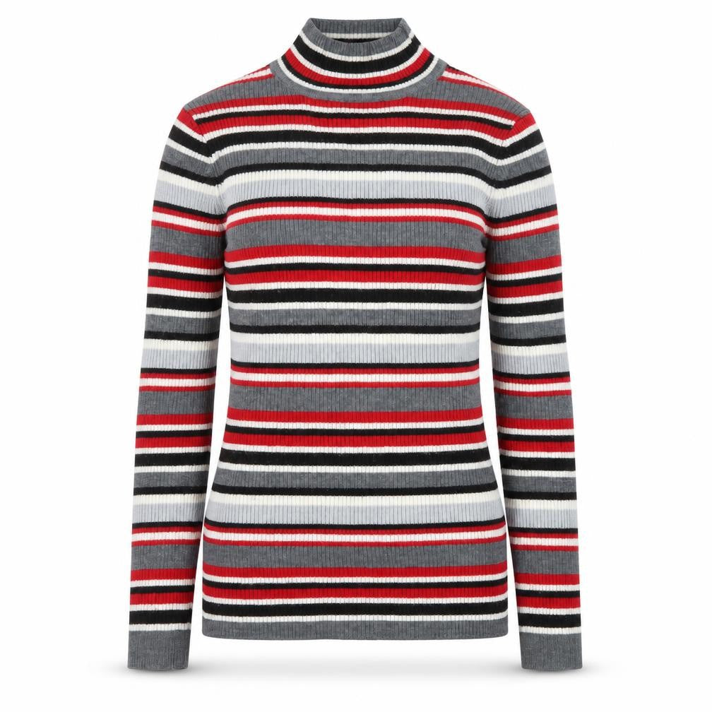Damart Women Grey Red Stripe Mock Neck Knit Jumper UK 10