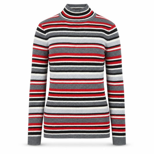 Damart Women Grey Red Stripe Mock Neck Knit Jumper UK 10