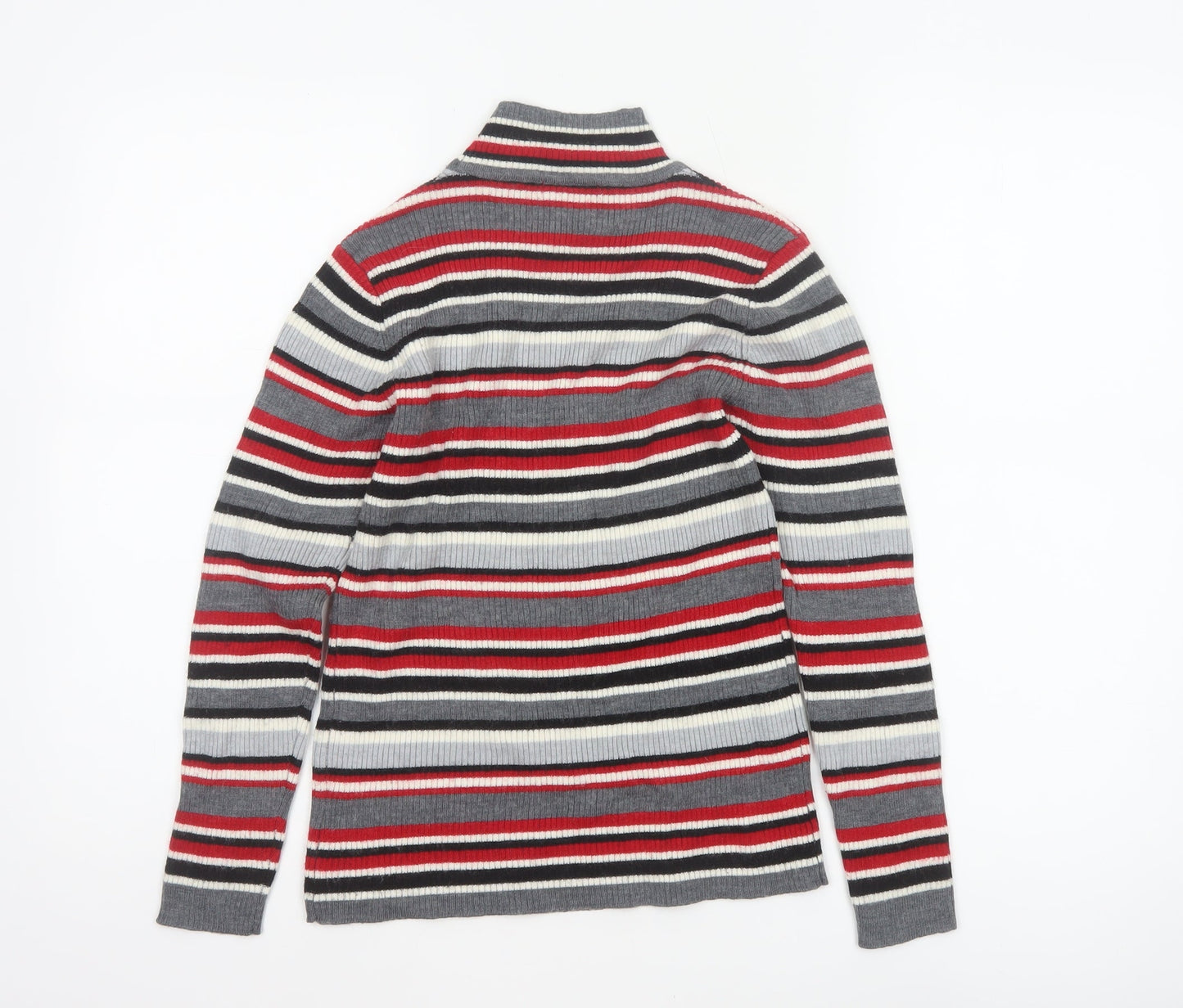 Damart Women Grey Red Stripe Mock Neck Knit Jumper UK 10