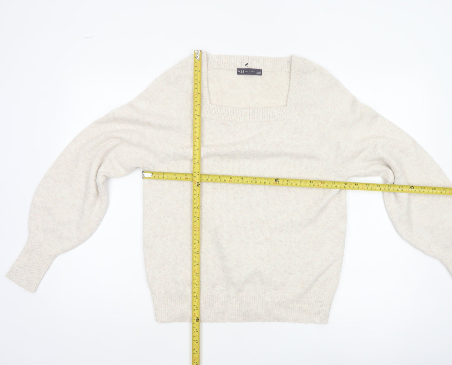 Marks & Spencer Women Beige M Square Neck Balloon Sleeve Knit Jumper