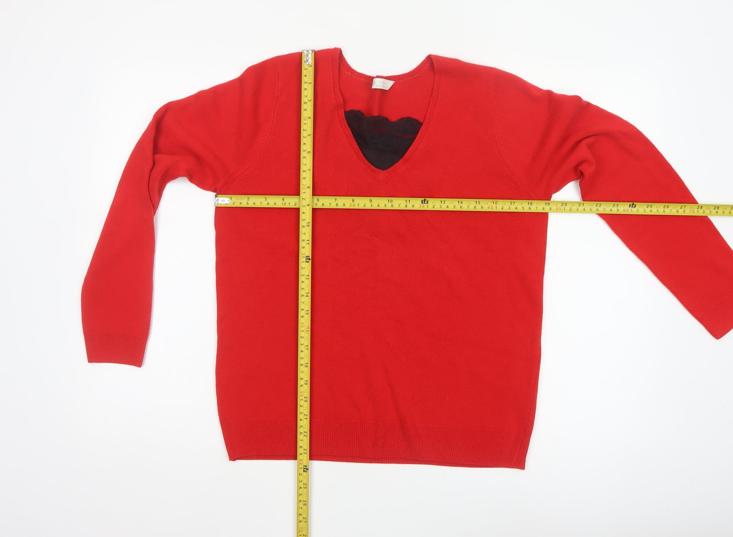 BHS Women’s Red Size 14 V-Neck Lace Detail Long Sleeve Jumper