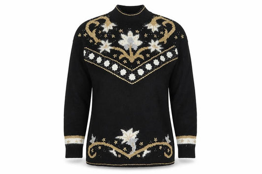 Dama Scott Women’s Black L Christmas Reindeer Beaded Mock Neck Pullover