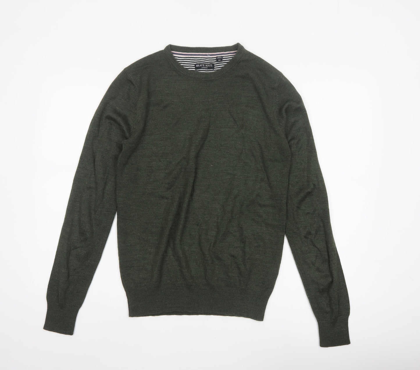 Brave Soul Men’s Green M Crew Neck Pullover Tight-Knit Jumper