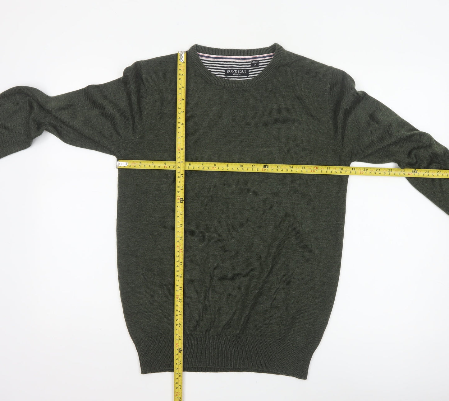 Brave Soul Men’s Green M Crew Neck Pullover Tight-Knit Jumper