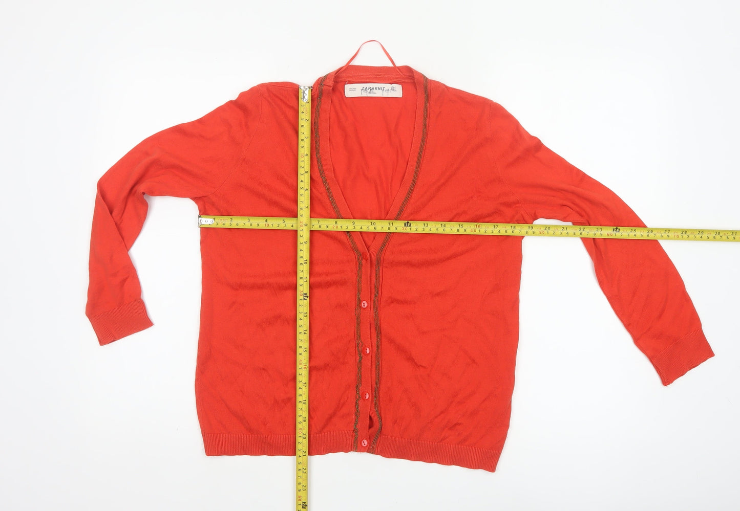Zara Knit Women’s Red L V-Neck Button Cotton Blend Cardigan