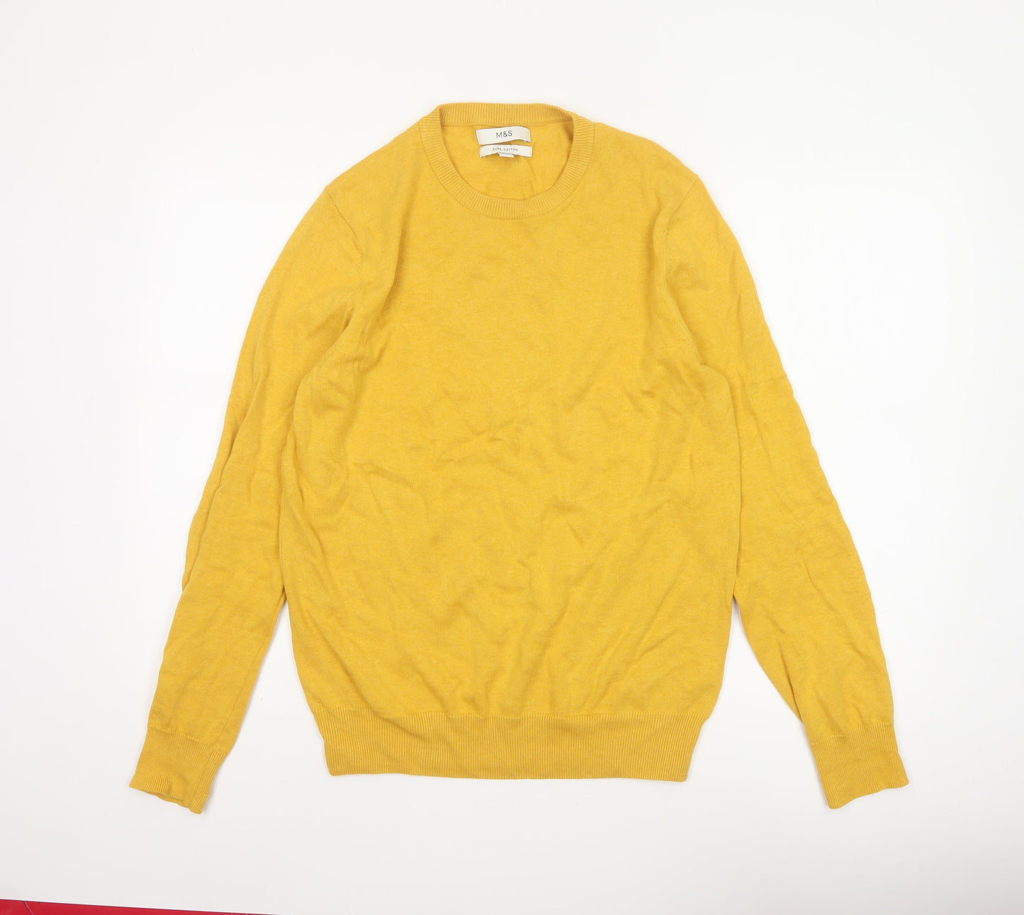 Marks and Spencer Men Yellow S Pure Cotton Crew Neck Pullover Jumper