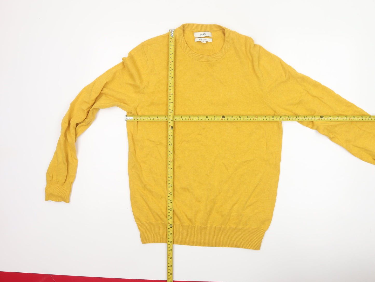 Marks and Spencer Men Yellow S Pure Cotton Crew Neck Pullover Jumper