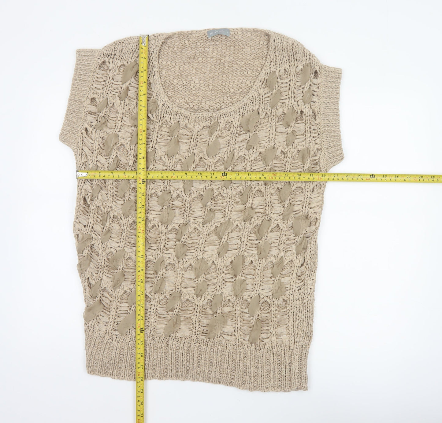Per Una Women’s Beige L Open Knit Crochet Short Sleeve Tunic Jumper