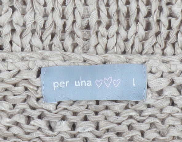 Per Una Women’s Beige L Open Knit Crochet Short Sleeve Tunic Jumper